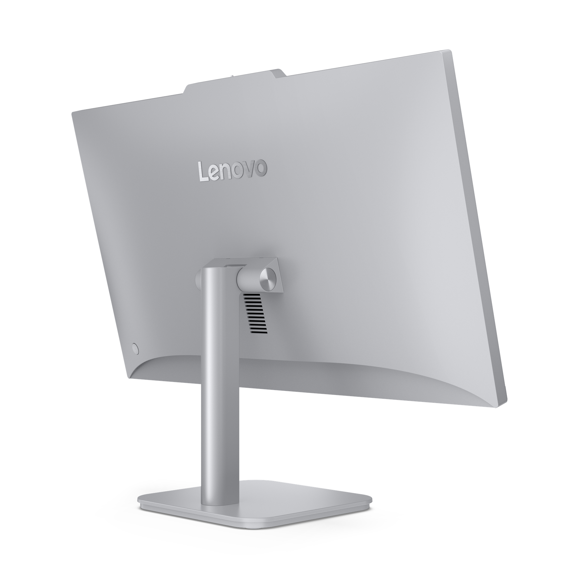 Rückseite eines silbernen Lenovo-Monitors. Es hat einen Ständer, mit Lenovo-Logo und schwarzem Hintergrund.