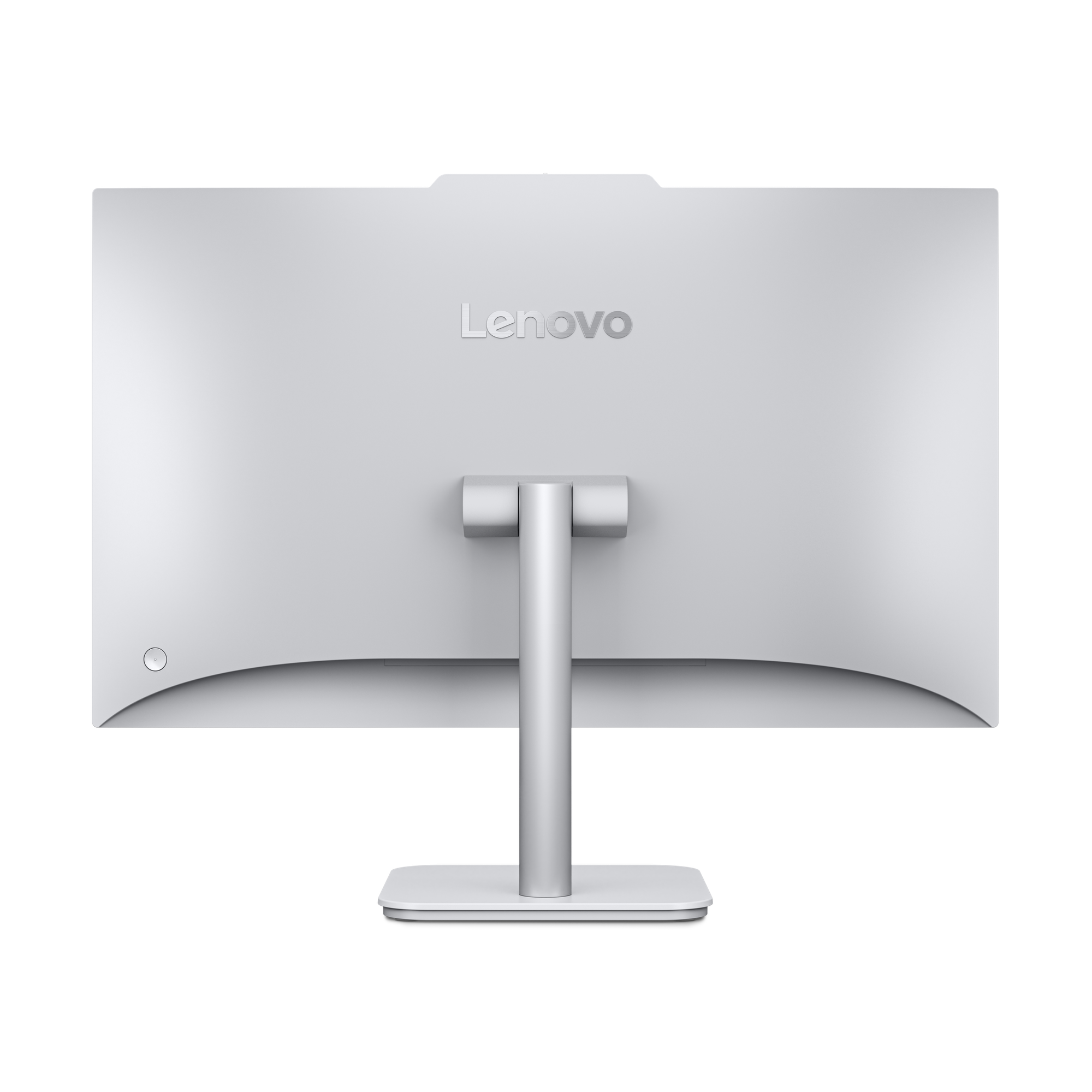 Rückansicht eines Lenovo-Monitors. Er ist hellgrau mit einem Ständer. Das Logo befindet sich in der Mitte.