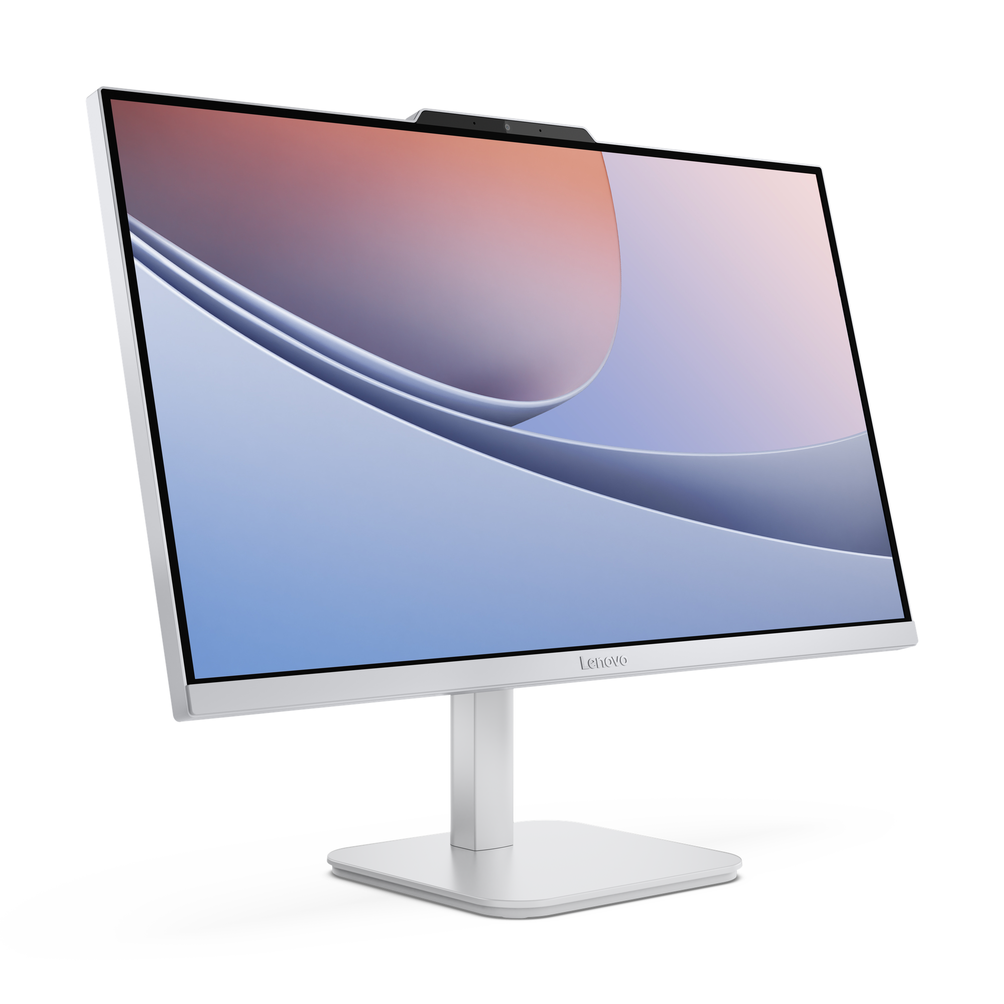 Ein weißer Lenovo-Monitor auf einem weißen Ständer. Der Bildschirm zeigt ein blaues, rosa- und weißes abstraktes Design. Schwarzer Hintergrund.