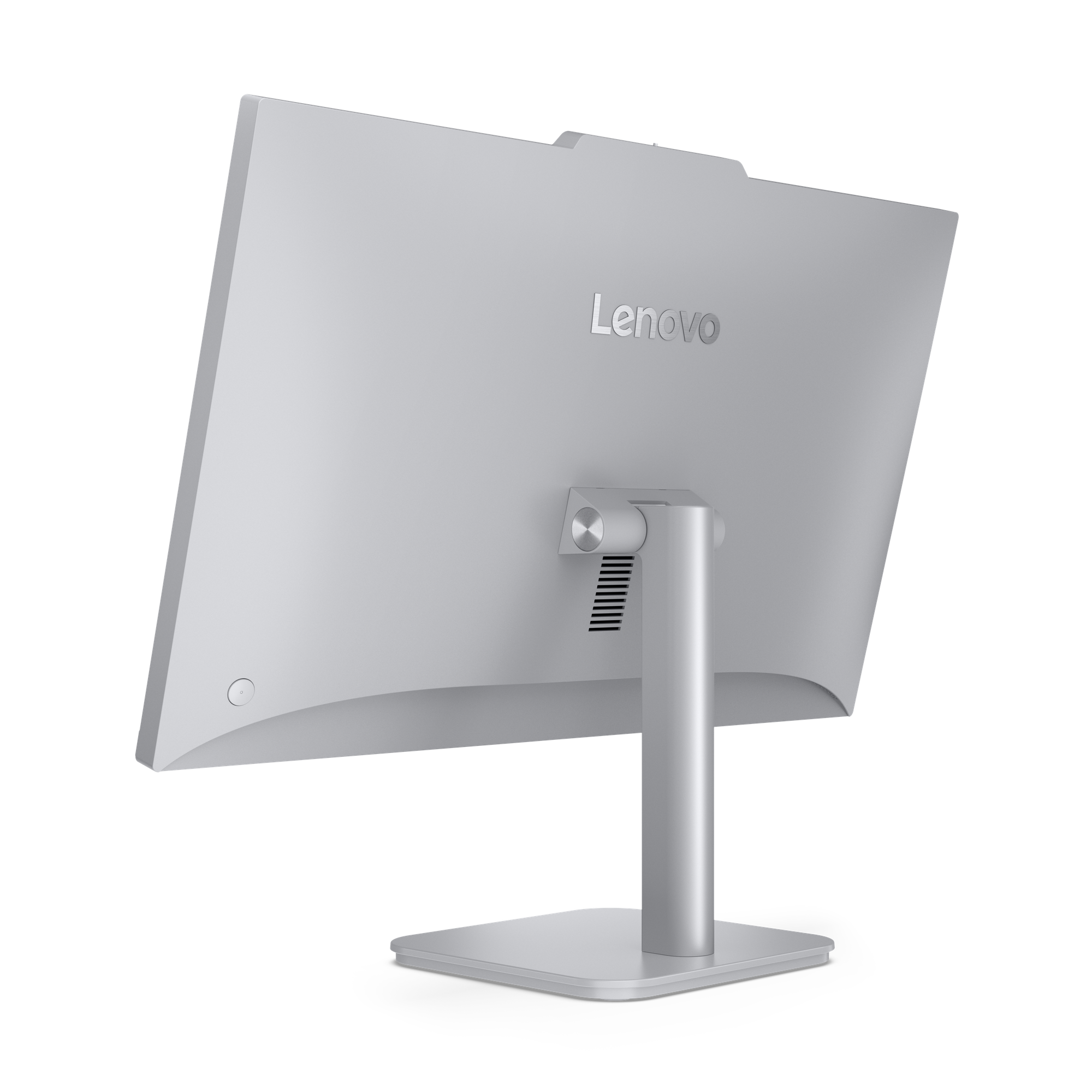 Rückansicht eines silbernen Lenovo-Monitors mit Ständer und schwarzem Hintergrund. Das Lenovo-Logo ist sichtbar.