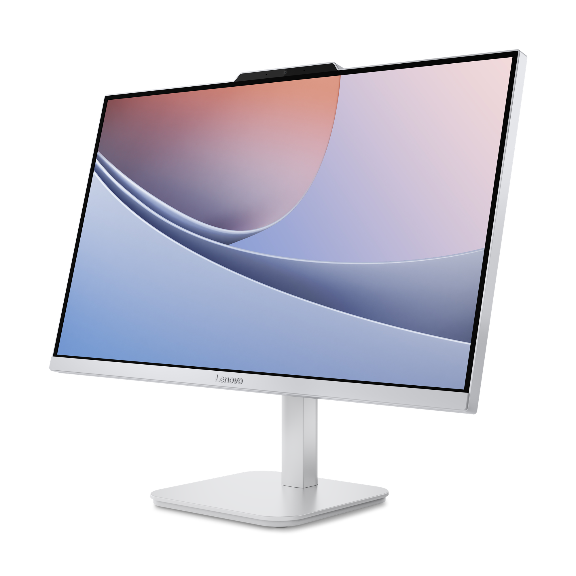 Weißer Lenovo-Monitor auf Schwarz. Der Bildschirm zeigt abstrakte blaue und rosa Formen. Der Monitor hat eine Kamera.