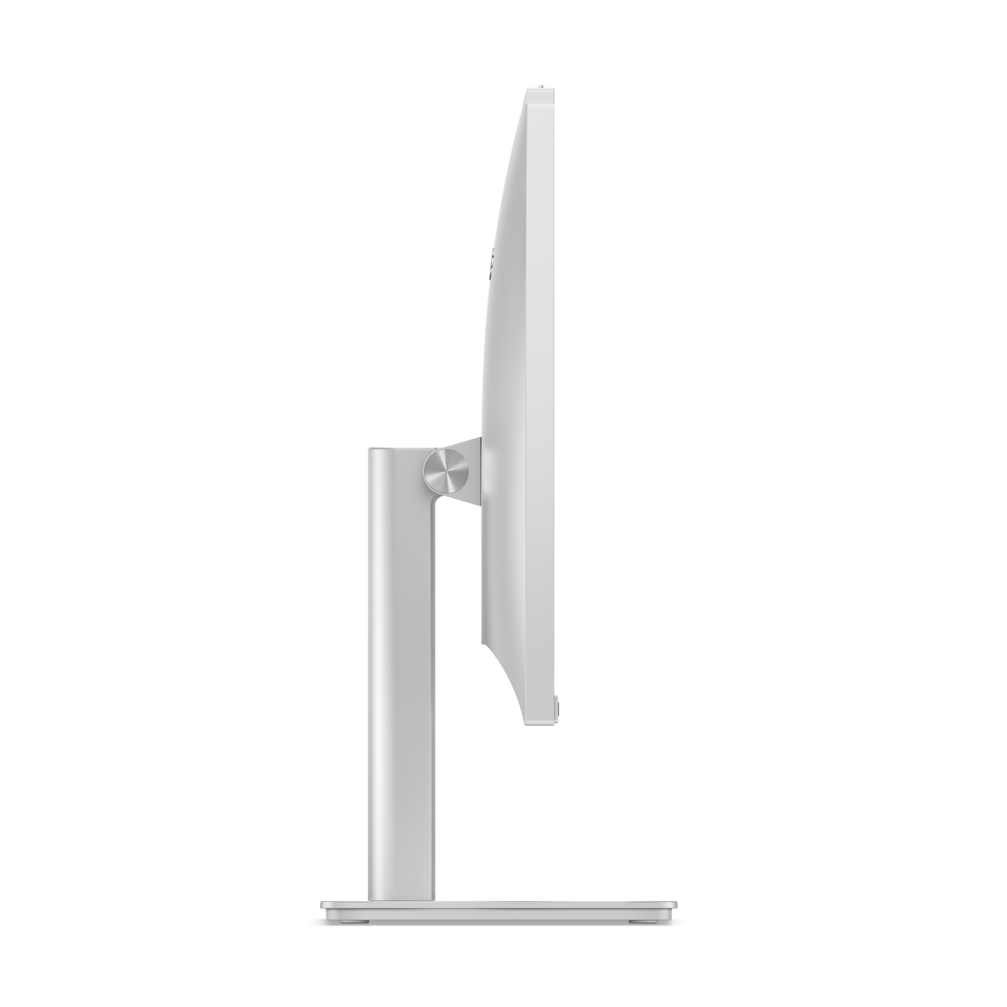 Seitenansicht eines weißen Computermonitors auf einem silbernen Ständer, vor schwarzem Hintergrund. Der Bildschirm ist dünn.