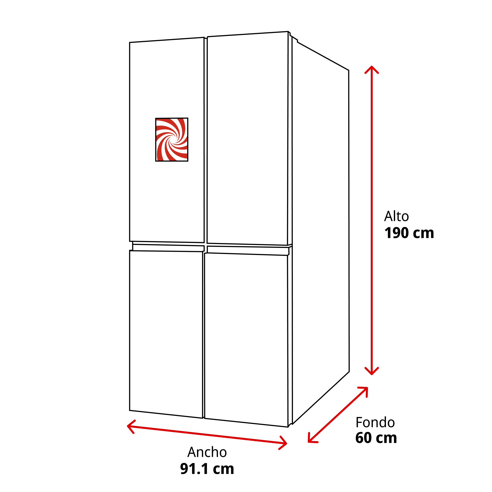 Un refrigerador blanco con cuatro puertas, dimensiones: 190 cm de alto, 91,1 cm de ancho y 60 cm de profundidad. Un logo en la puerta.