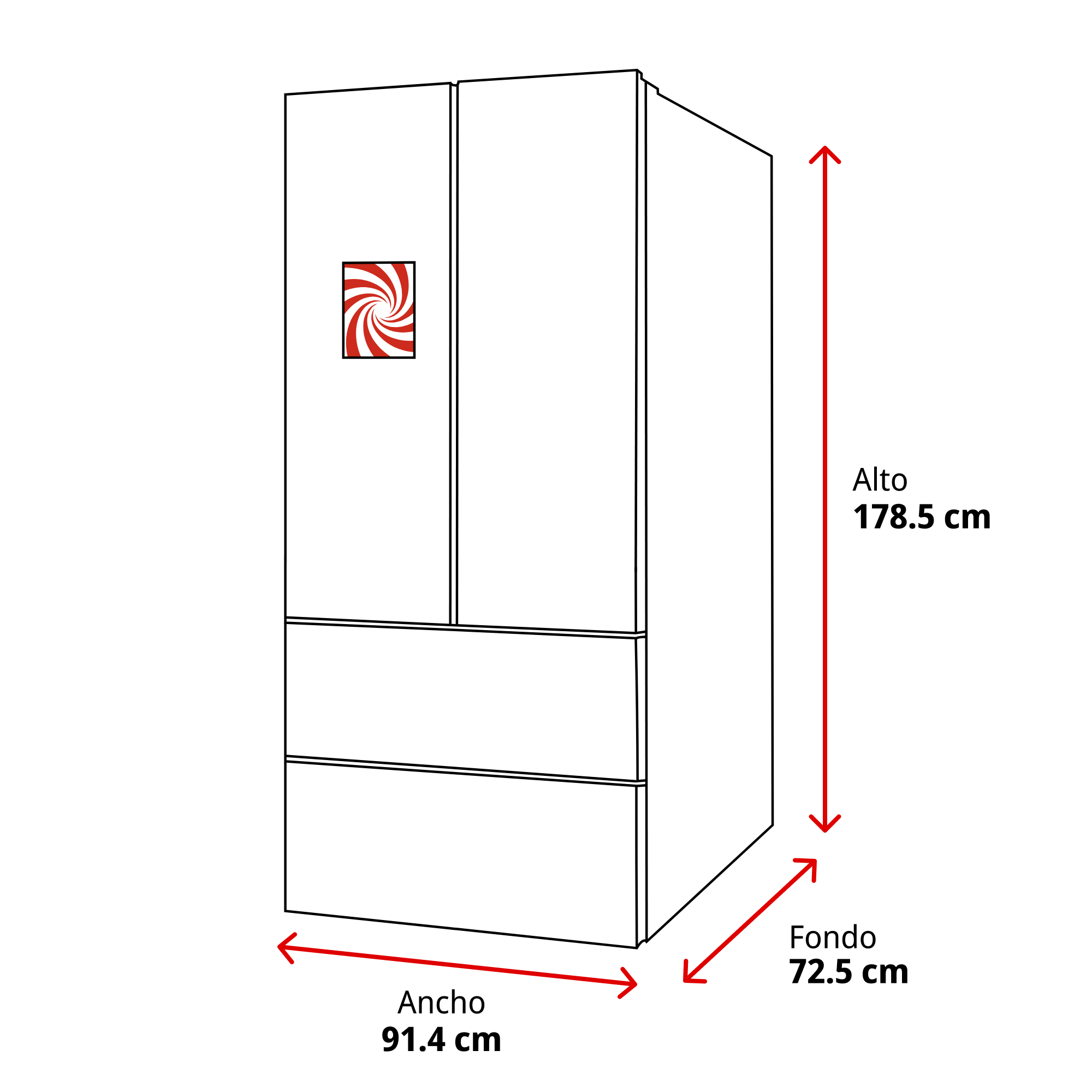 Un refrigerador blanco con dimensiones etiquetadas. Tiene un diseño espiral rojo y blanco en la puerta y dos cajones.