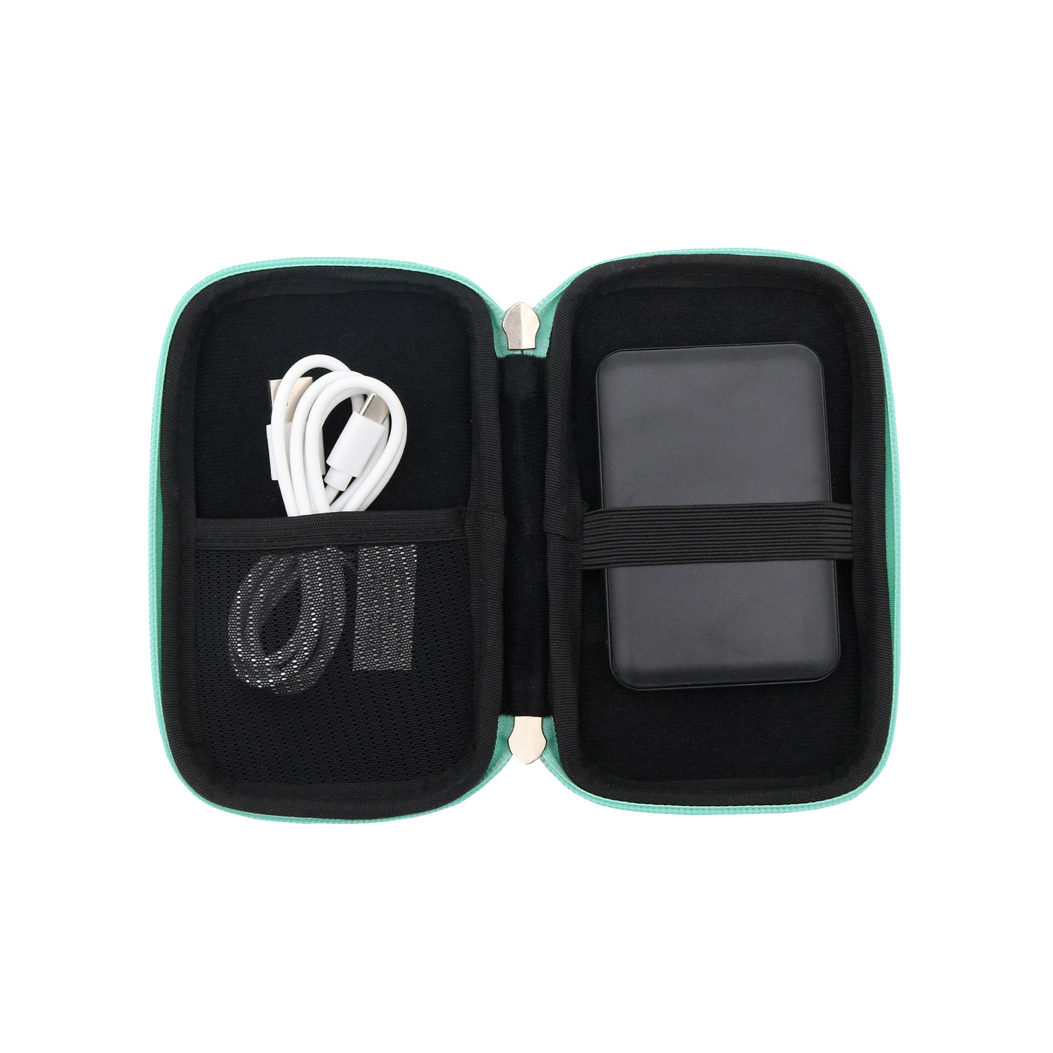 Estuche turquesa abierto con interior negro. Contiene cable USB blanco y disco duro externo negro asegurado por banda elástica negra.