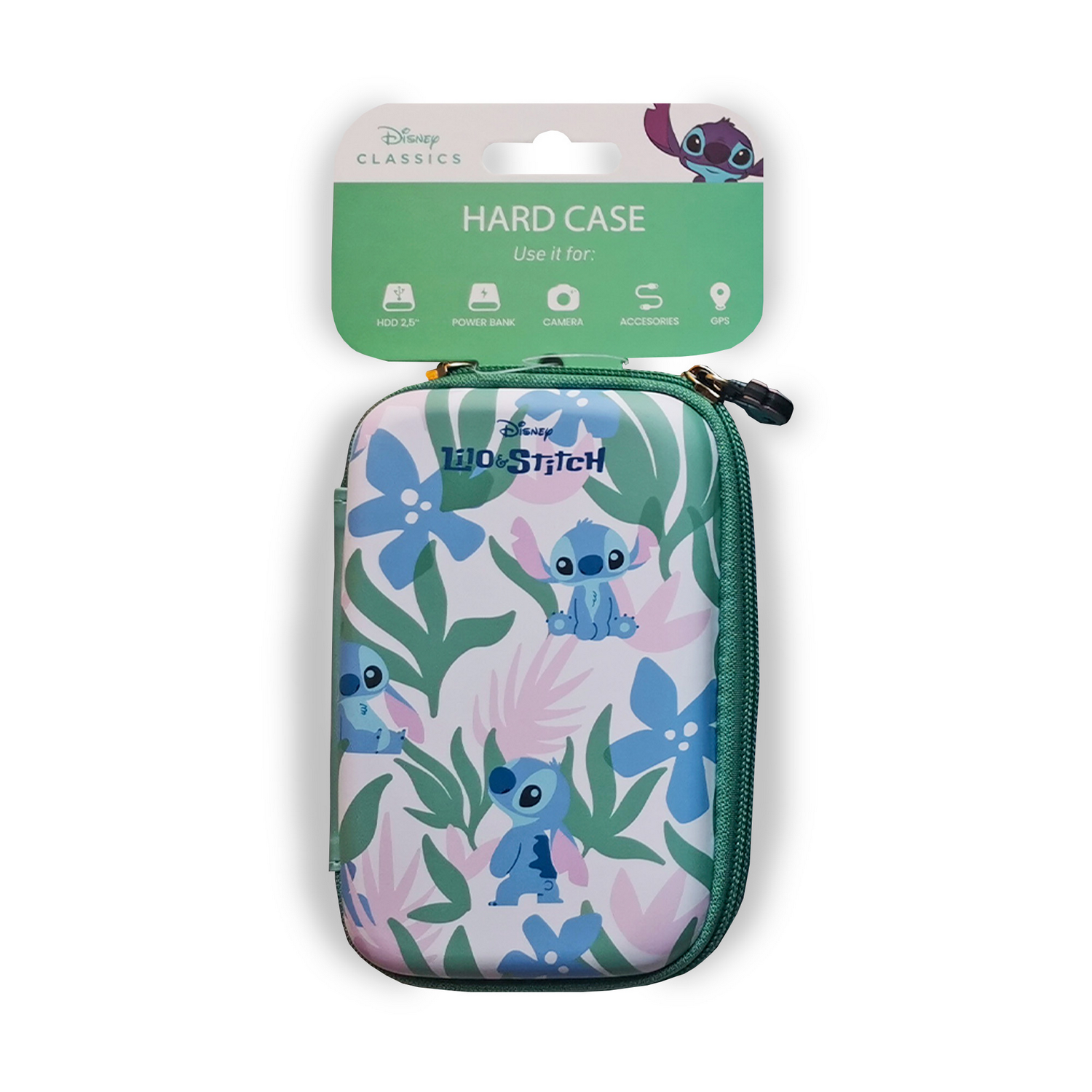 Un estuche rígido con diseño de Stitch. Tiene una cremallera verde y una etiqueta que dice 'Disney Classics'.