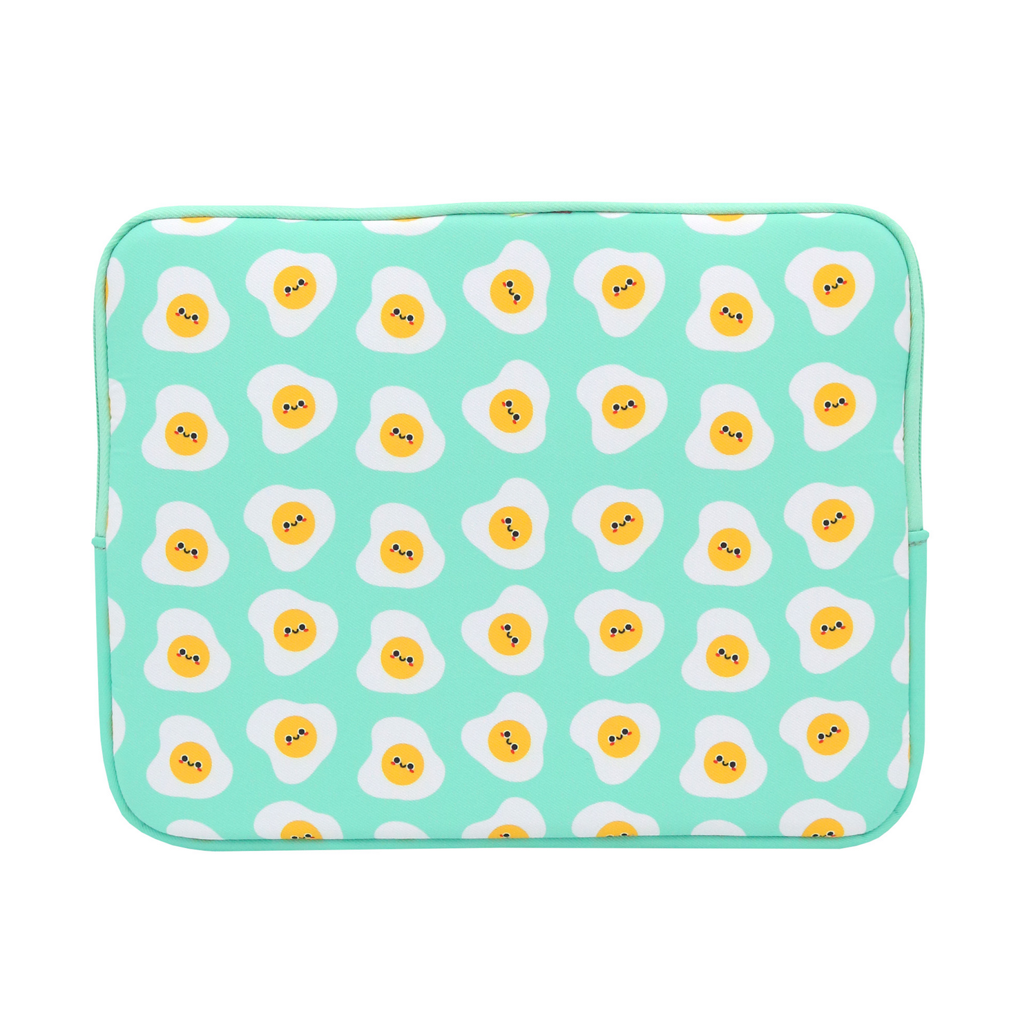 Una funda rectangular con fondo verde azulado. Presenta un patrón repetido de huevos fritos sonrientes con yemas amarillas y claras de huevo blancas.