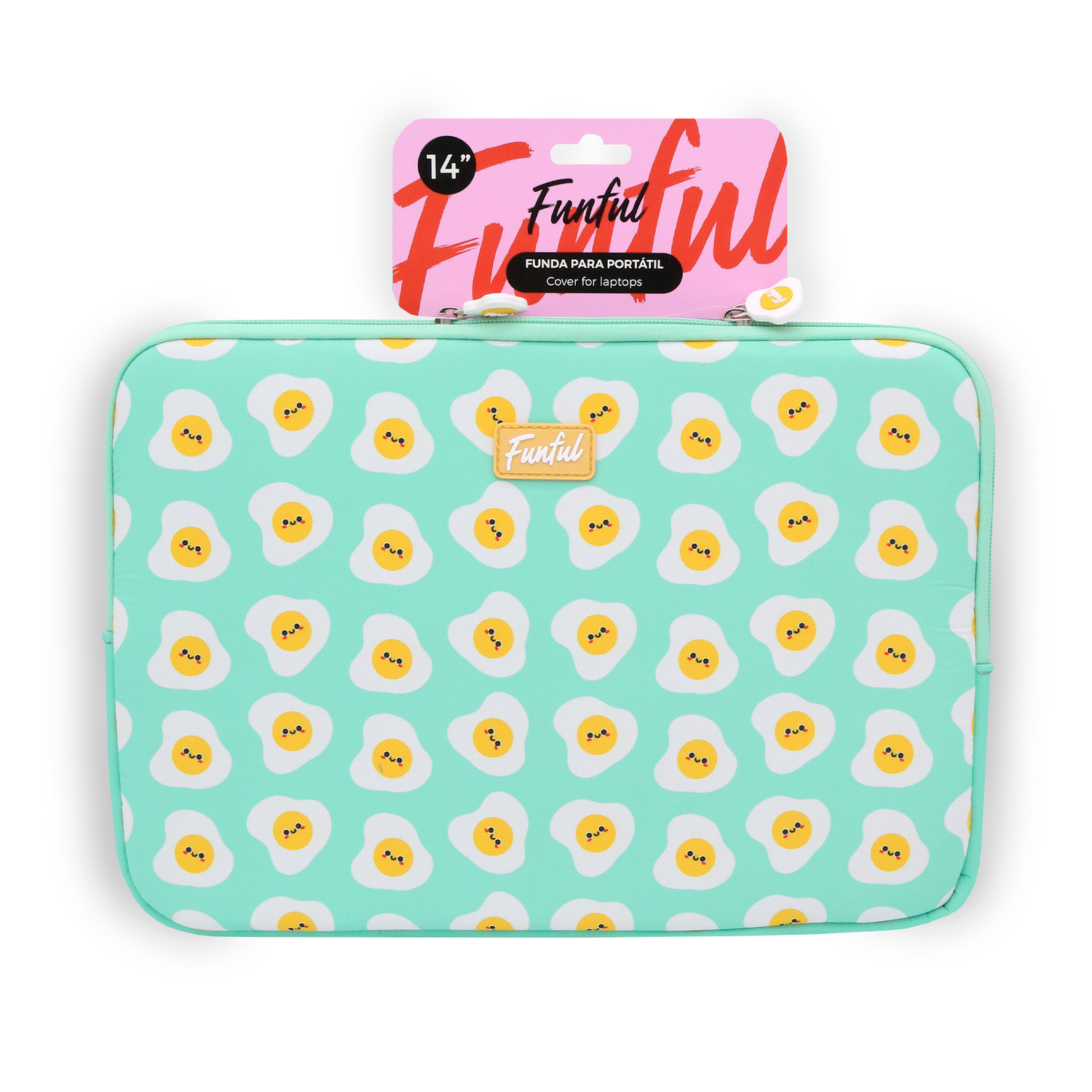 Funda para portátil con estampado de huevo sobre fondo menta. Etiqueta rosa dice 'Funful' y '14". Fondo blanco.