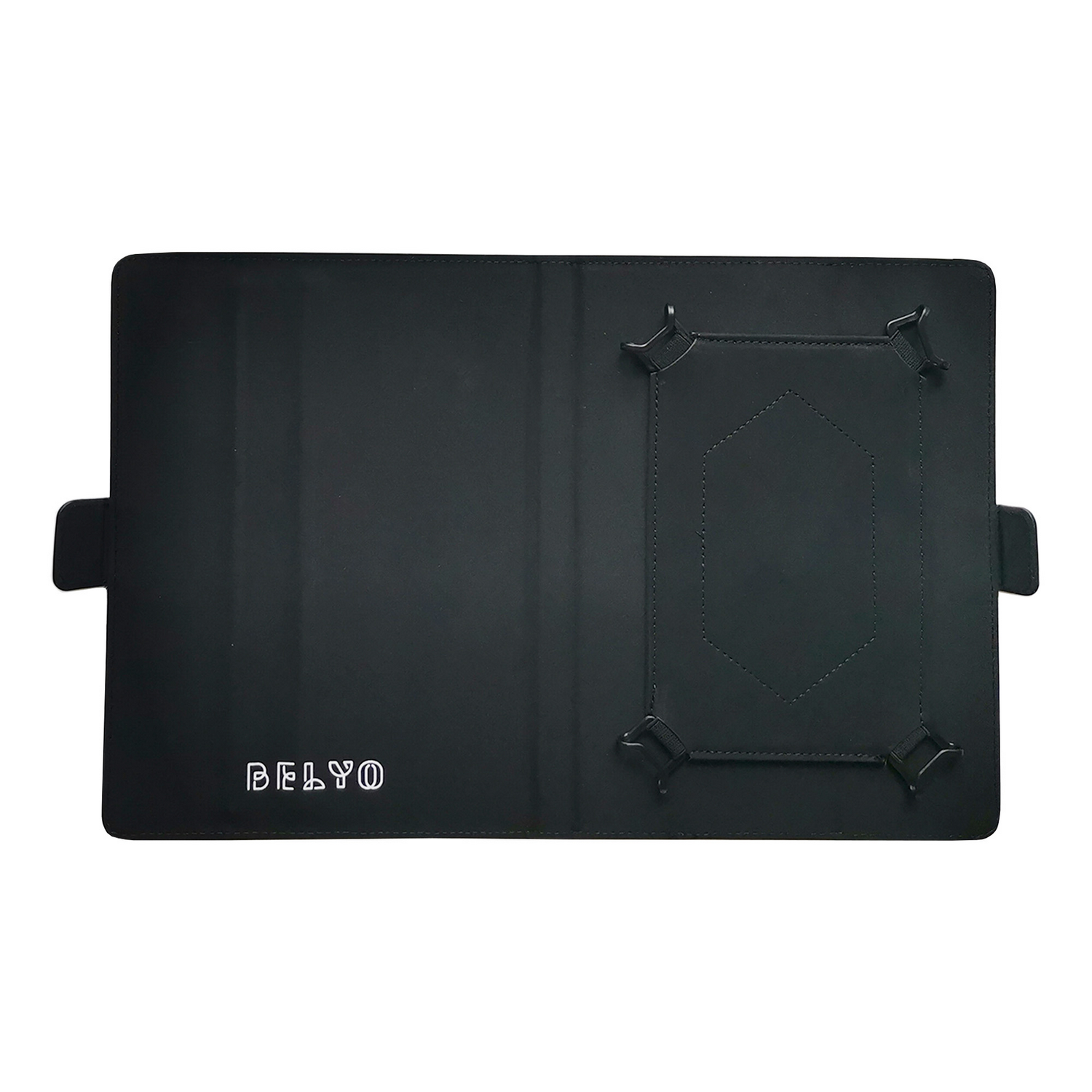 Funda negra para tablet con la marca 'BELYO'. Tiene un soporte con cuatro correas en las esquinas y dos pestañas laterales.