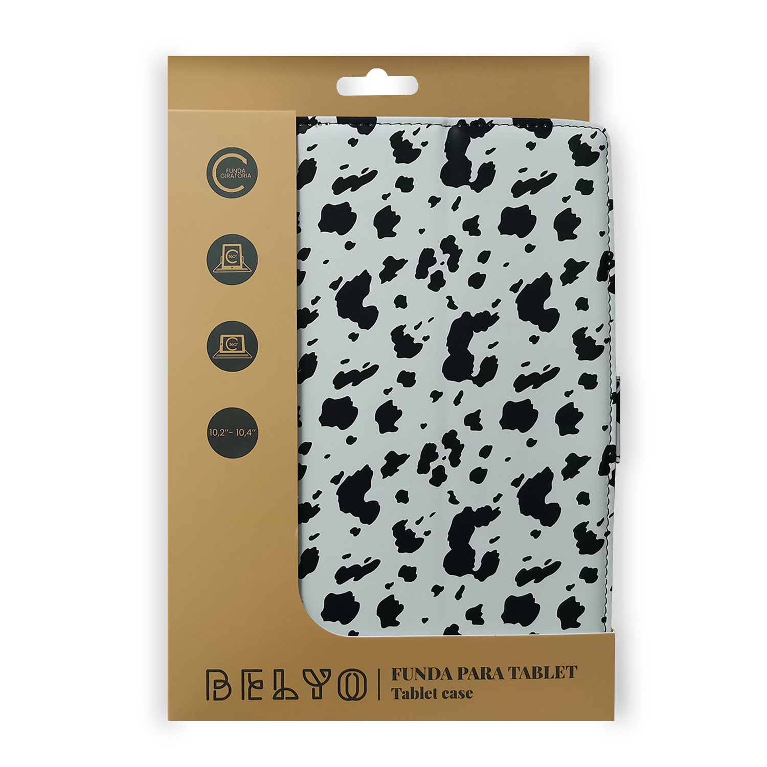 Funda para tablet en caja. Blanca con manchas negras. Caja marrón con nombre de la marca y características.