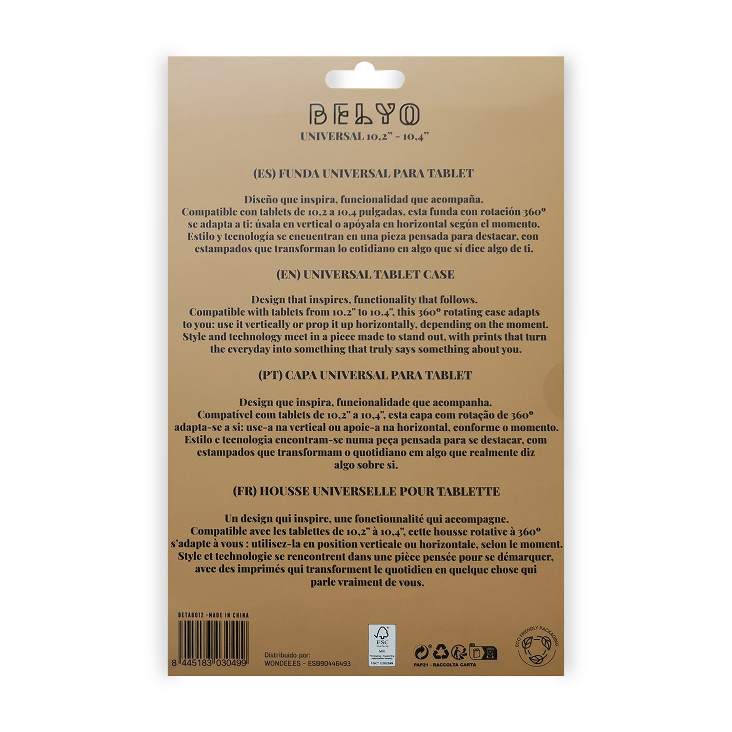 Embalaje de funda para tableta. Texto en inglés, español, portugués y francés. Nombre del producto: Belyo Universal 10.2"-10.4".