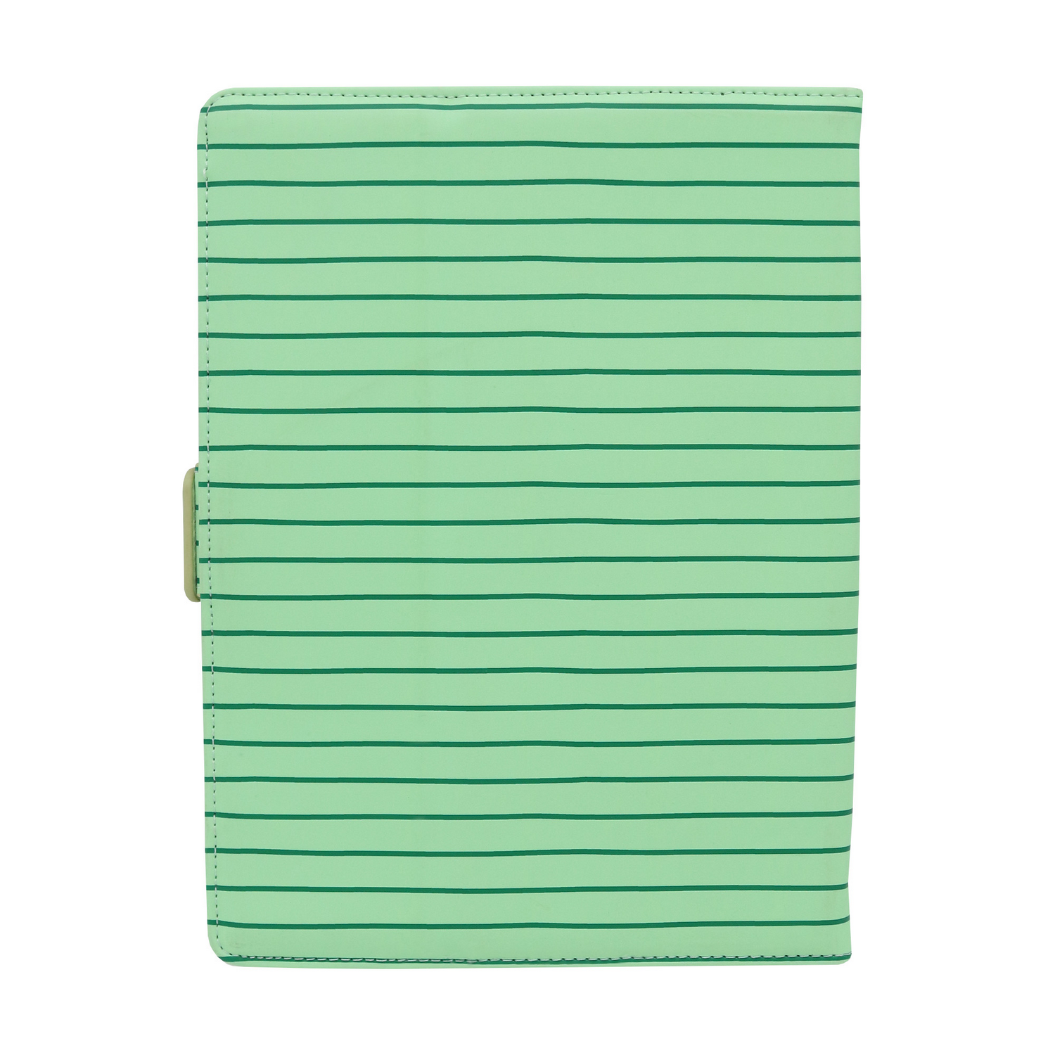 Un cuaderno verde con rayas horizontales verde oscuro. Tiene un cierre en el lado izquierdo. El fondo es blanco.