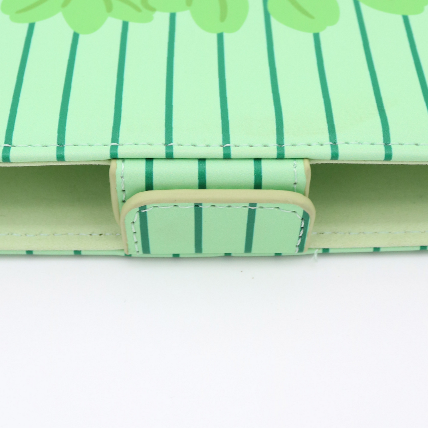Primer plano de un cuaderno verde claro con rayas verdes y un broche. El fondo es blanco.