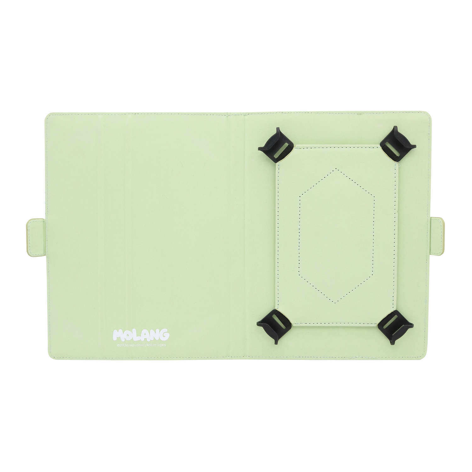 Funda de tableta verde claro abierta con soportes negros. Logotipo 'MOLANG' en la parte inferior. Fondo blanco.