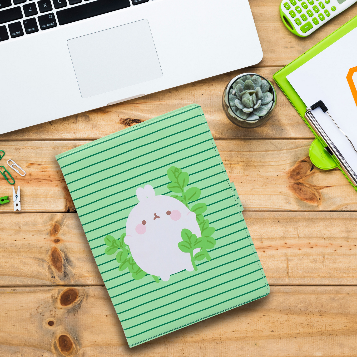Un espacio de trabajo con laptop, cuaderno verde con conejo, suculenta, calculadora y portapapeles en escritorio de madera.