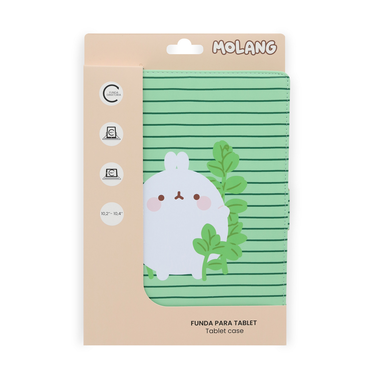 Funda para tablet en embalaje. Presenta un conejito blanco de dibujos animados con hojas verdes sobre un fondo verde a rayas. El embalaje es beige.