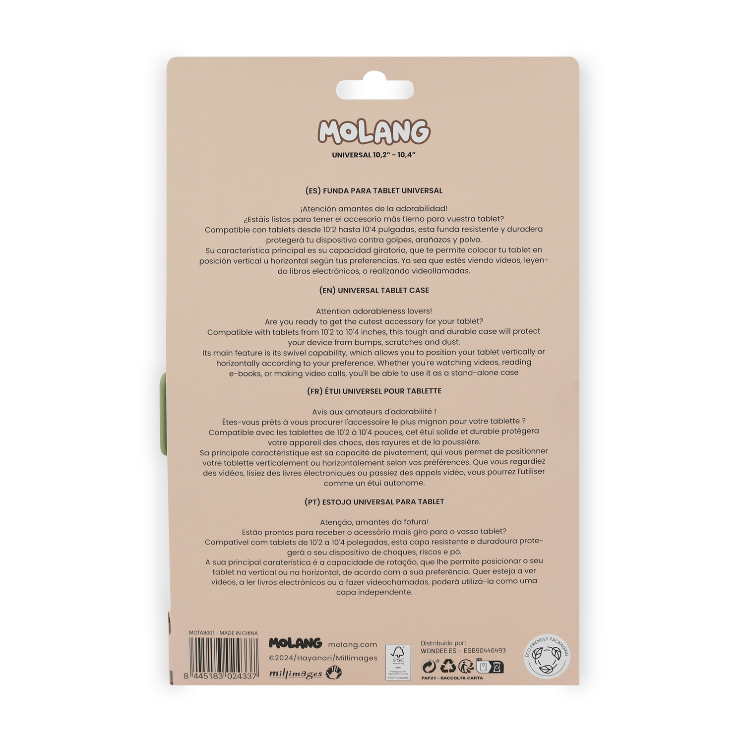 Embalaje de funda para tablet con logo de Molang, texto en varios idiomas. Incluye detalles del producto y símbolos de embalaje ecológico.