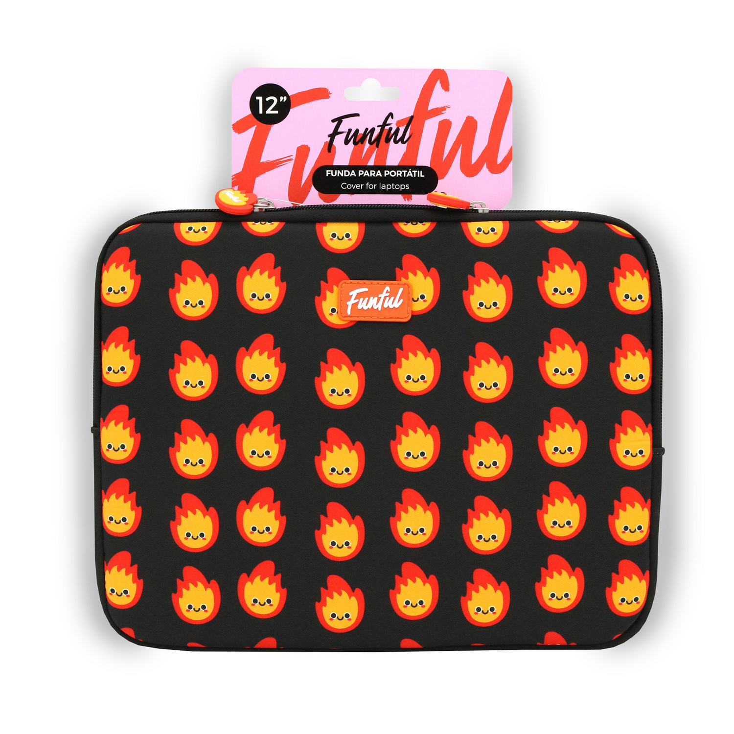 Funda para portátil negra con patrón de fuego. Etiqueta rosa con "Funful" y "12 pulgadas". La cremallera es naranja.