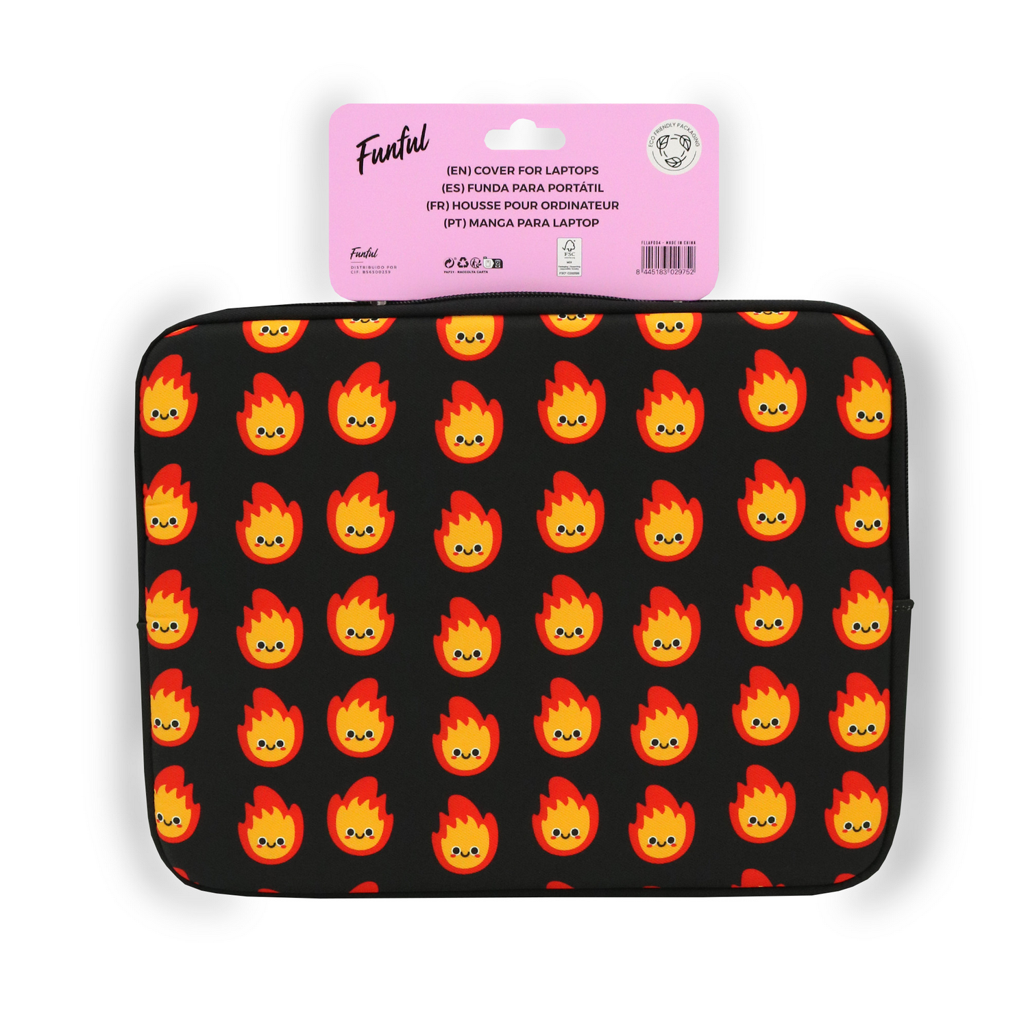 Funda negra para portátil con emojis de fuego repetidos. Cada uno tiene una cara sonriente. Una etiqueta rosa en la parte superior enumera los detalles del producto.