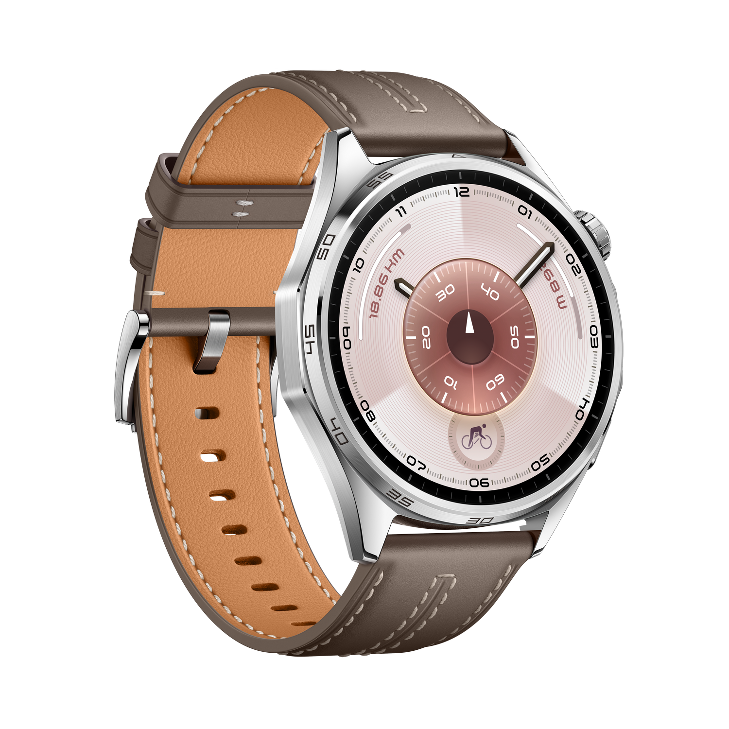 Un reloj inteligente plateado con correa de cuero marrón. La esfera es blanca con detalles rosa oscuro, mostrando hora y datos.