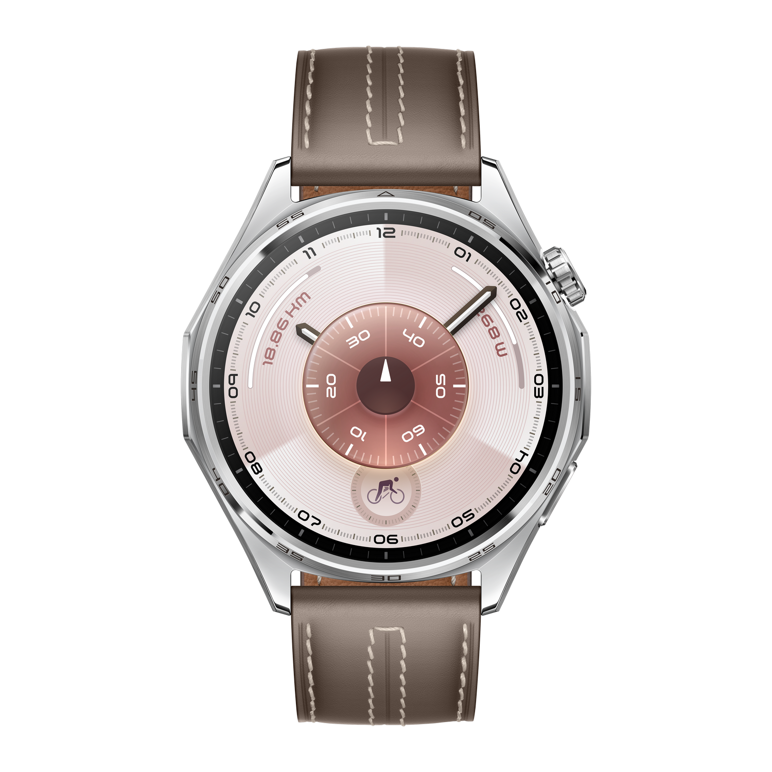 Un reloj inteligente plateado con correa de cuero marrón claro. La esfera muestra la hora y métricas de fitness, con un icono de bicicleta.