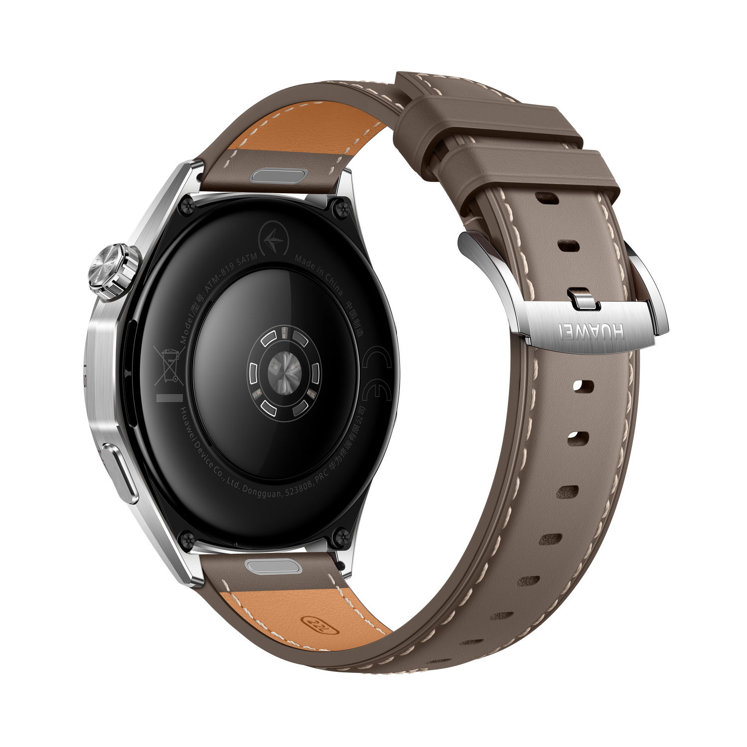Un reloj inteligente Huawei, mirando hacia atrás, con una correa de cuero marrón. El reloj es plateado y negro, con el logotipo de Huawei en el cierre.