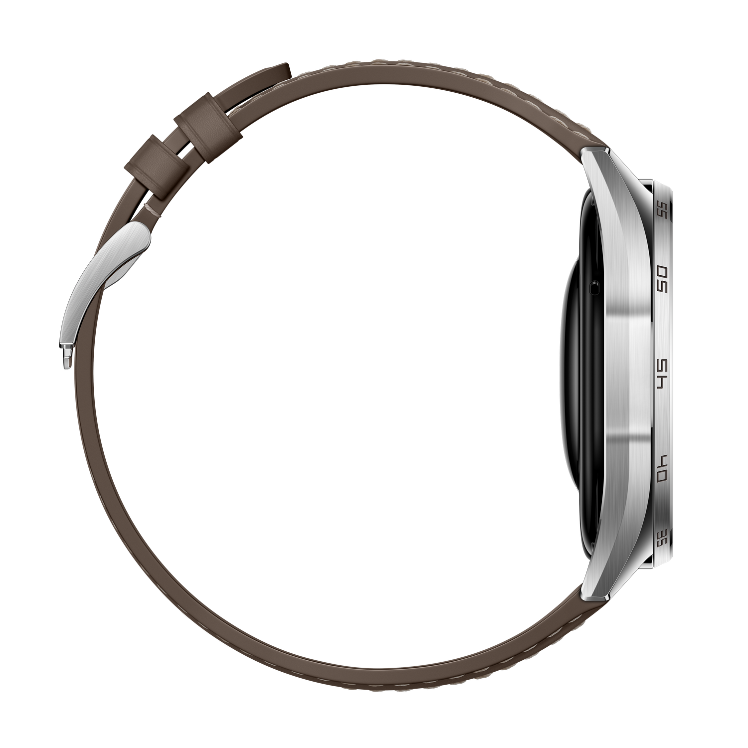 Vista lateral de un reloj inteligente. Tiene una correa de cuero marrón, un cuerpo plateado y una pantalla negra, con un fondo gris.