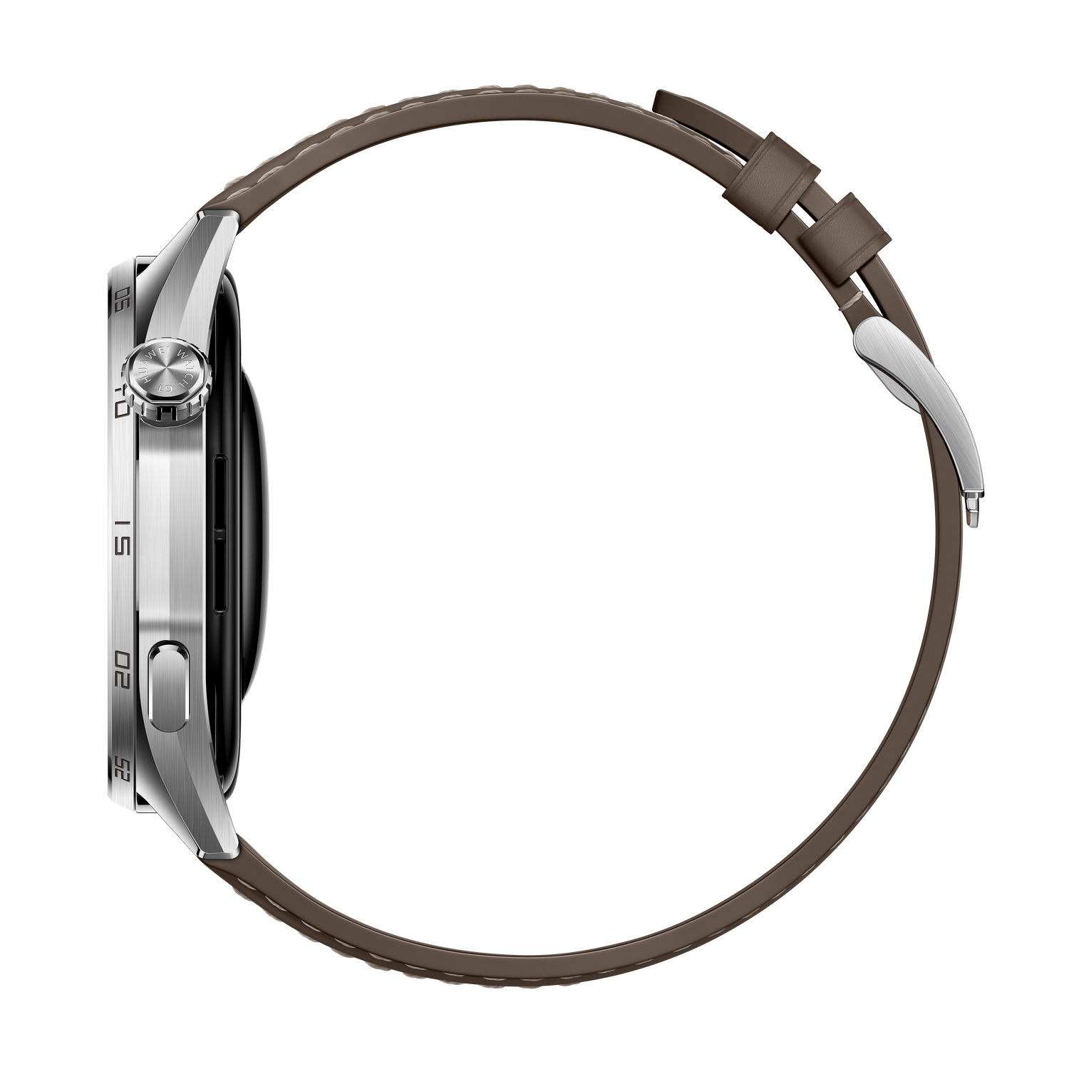 Vista lateral de un reloj inteligente plateado con correa de cuero marrón. La esfera del reloj es negra. Fondo gris.