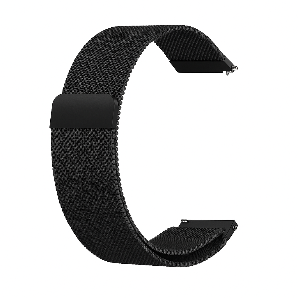 Una correa de reloj de malla metálica negra en forma de C. La correa tiene un cierre magnético y está sobre un fondo blanco.