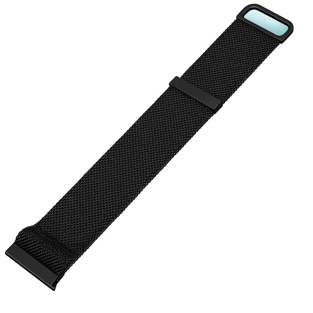 Correa de reloj negra con diseño de malla, en ángulo sobre un fondo blanco. Tiene una hebilla rectangular con cristal tintado azul.