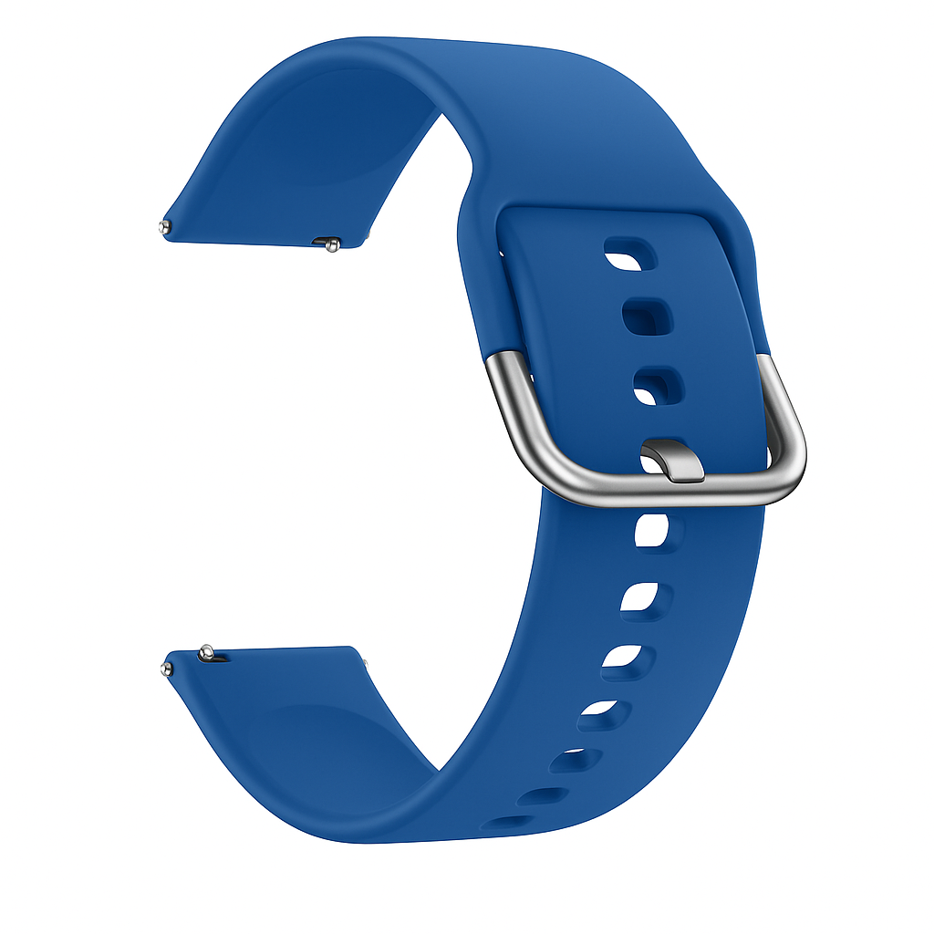 Una correa de reloj azul con una hebilla plateada. La correa está curvada y tiene agujeros para ajustar. Aislada sobre blanco.