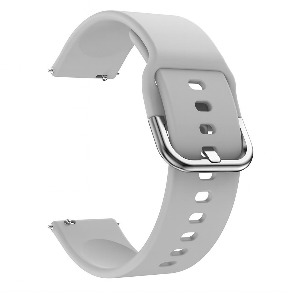 Una correa de reloj gris claro, curvada. Tiene una hebilla plateada y varios agujeros para ajustar. El fondo es blanco.