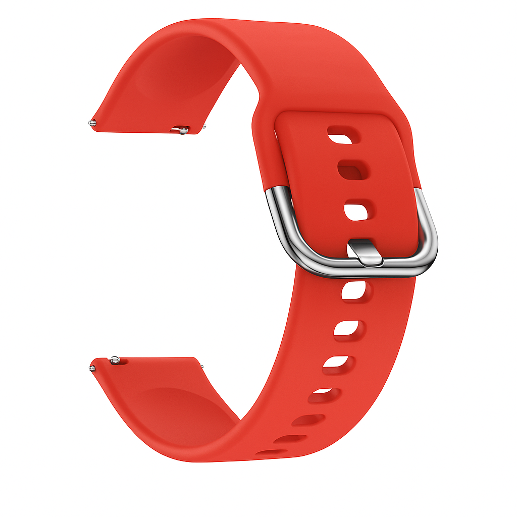 Una correa de reloj roja con hebilla plateada sobre fondo blanco. La correa tiene forma de C.