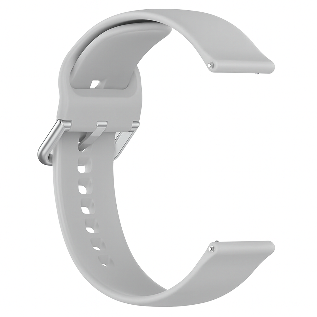 Una correa de reloj gris, en forma de C, con un cierre plateado. La correa tiene agujeros para ajuste y pasadores metálicos.