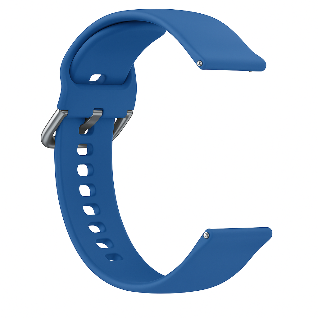 Una correa de reloj azul con hebilla plateada. Tiene forma de C sobre fondo blanco. La correa tiene agujeros.