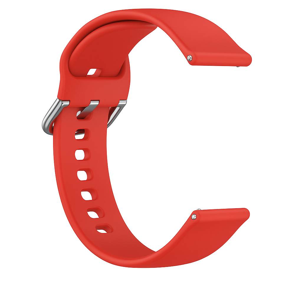 Una correa de reloj roja en forma de C. Tiene una hebilla y un pasador plateados. La correa tiene varios agujeros y es de goma.
