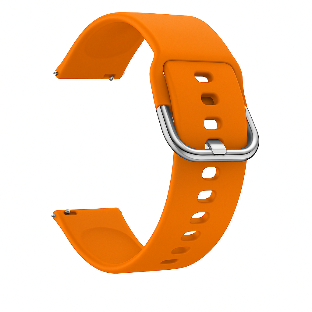 Correa de reloj naranja con hebilla plateada. La correa tiene agujeros para ajustar. El fondo es blanco.