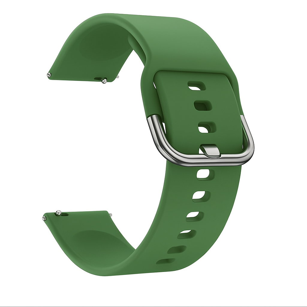 Correa de reloj verde con hebilla plateada. La correa está curvada, mostrando su forma y agujeros de ajuste.