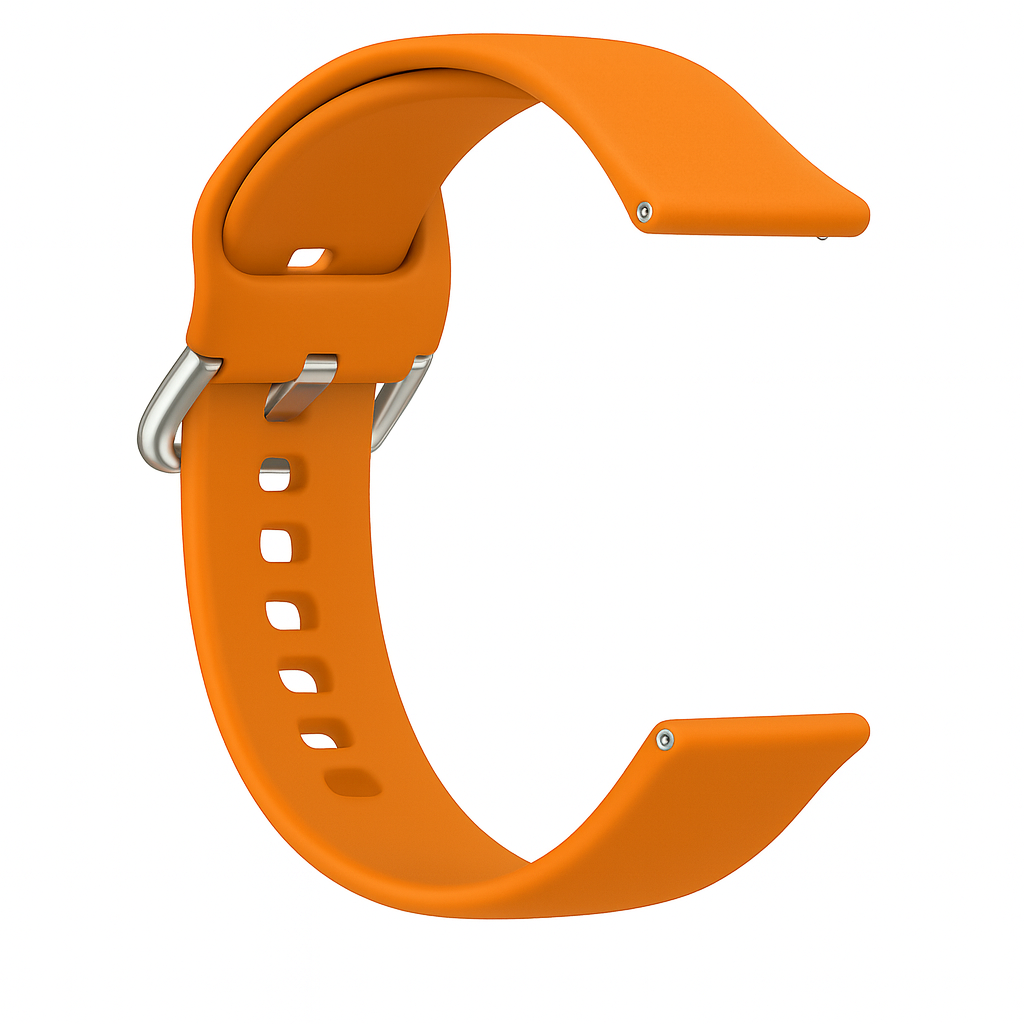 Una correa de reloj naranja con hebilla plateada, curvada. La correa está sobre un fondo blanco, mostrando su forma.
