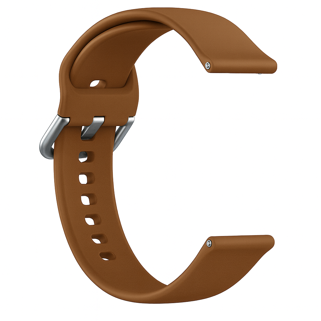 Una correa de reloj marrón se muestra sobre un fondo blanco. Cuenta con una hebilla y varios agujeros para ajustar. La correa está curvada.