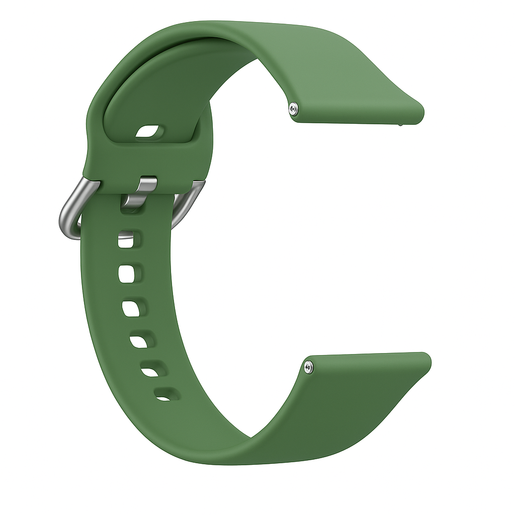 Una correa de reloj verde con hebilla plateada, sobre fondo blanco. La correa es curva y muestra detalles.