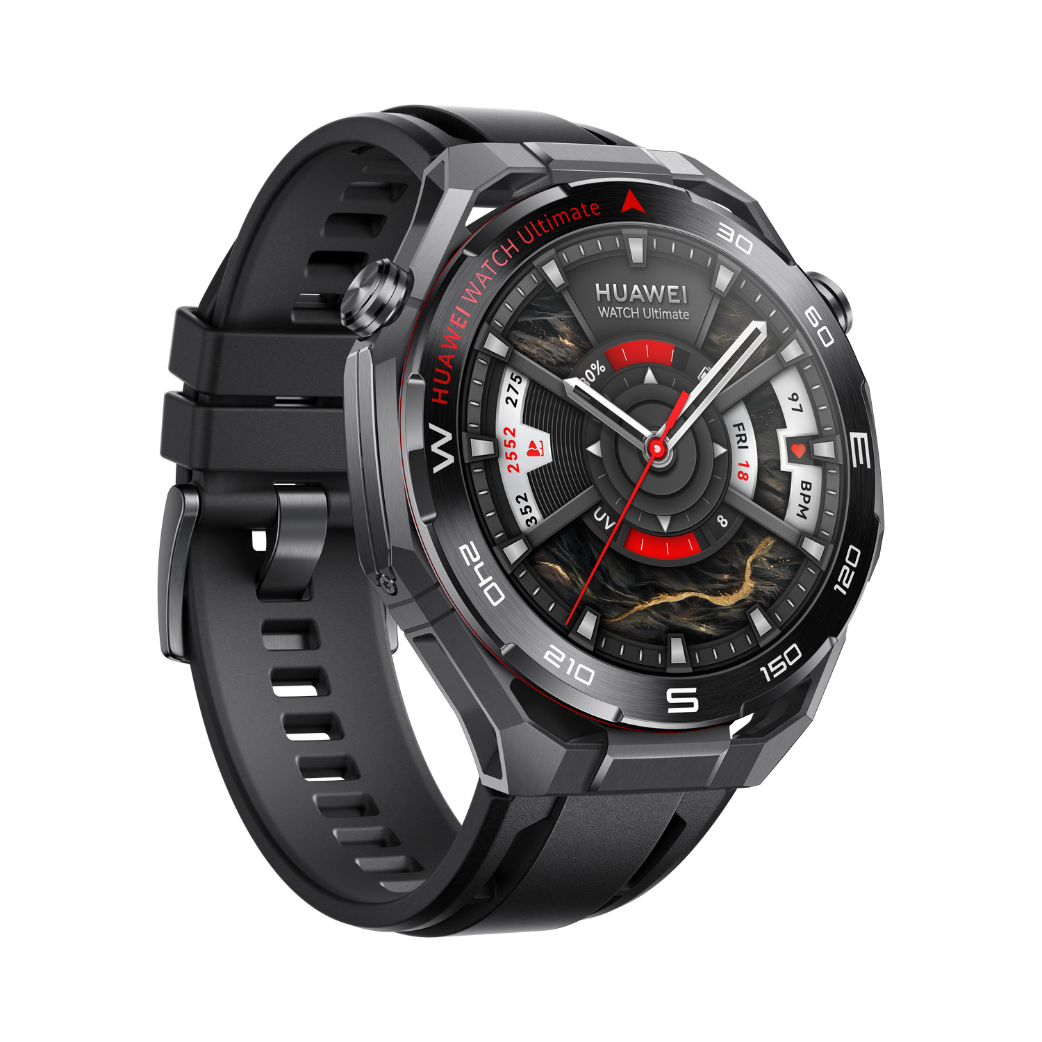 Un Huawei Watch Ultimate negro. El reloj tiene una correa negra, una esfera negra y gris con detalles rojos y números blancos.