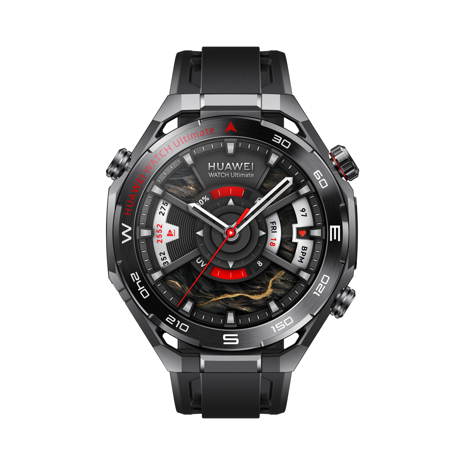 Un Huawei Watch Ultimate negro y plateado. Tiene una pantalla redonda con números, manecillas e indicadores. El reloj está sobre un fondo gris.