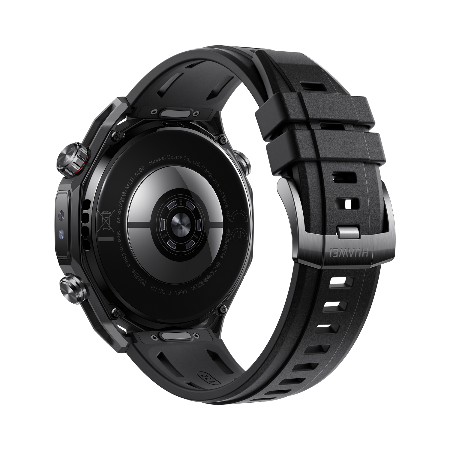 Smartwatch Huawei negra, vista trasera. Muestra la esfera, la correa y detalles como el modelo y la información de la empresa sobre fondo gris.
