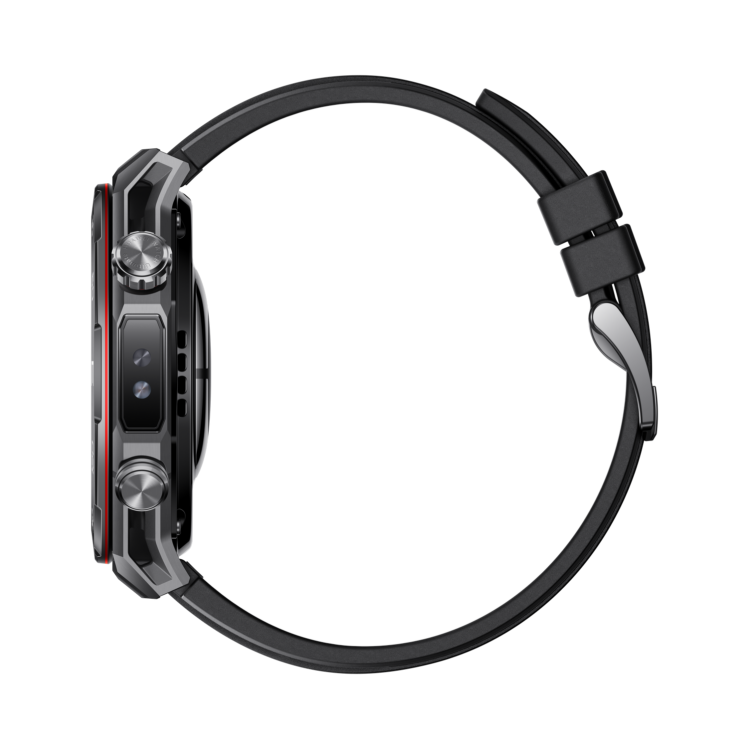Vista lateral de un reloj inteligente negro con correa negra. La esfera tiene un bisel metálico con detalles rojos.