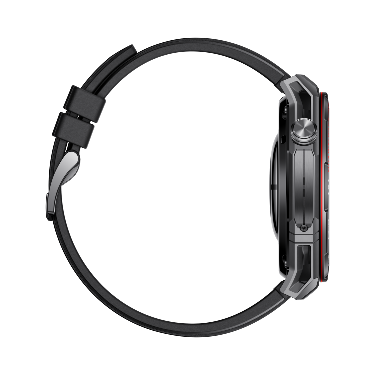 Un reloj inteligente negro con cuerpo gris y acento rojo. El reloj está sobre un fondo gris. Vista lateral muestra la correa y el cierre.
