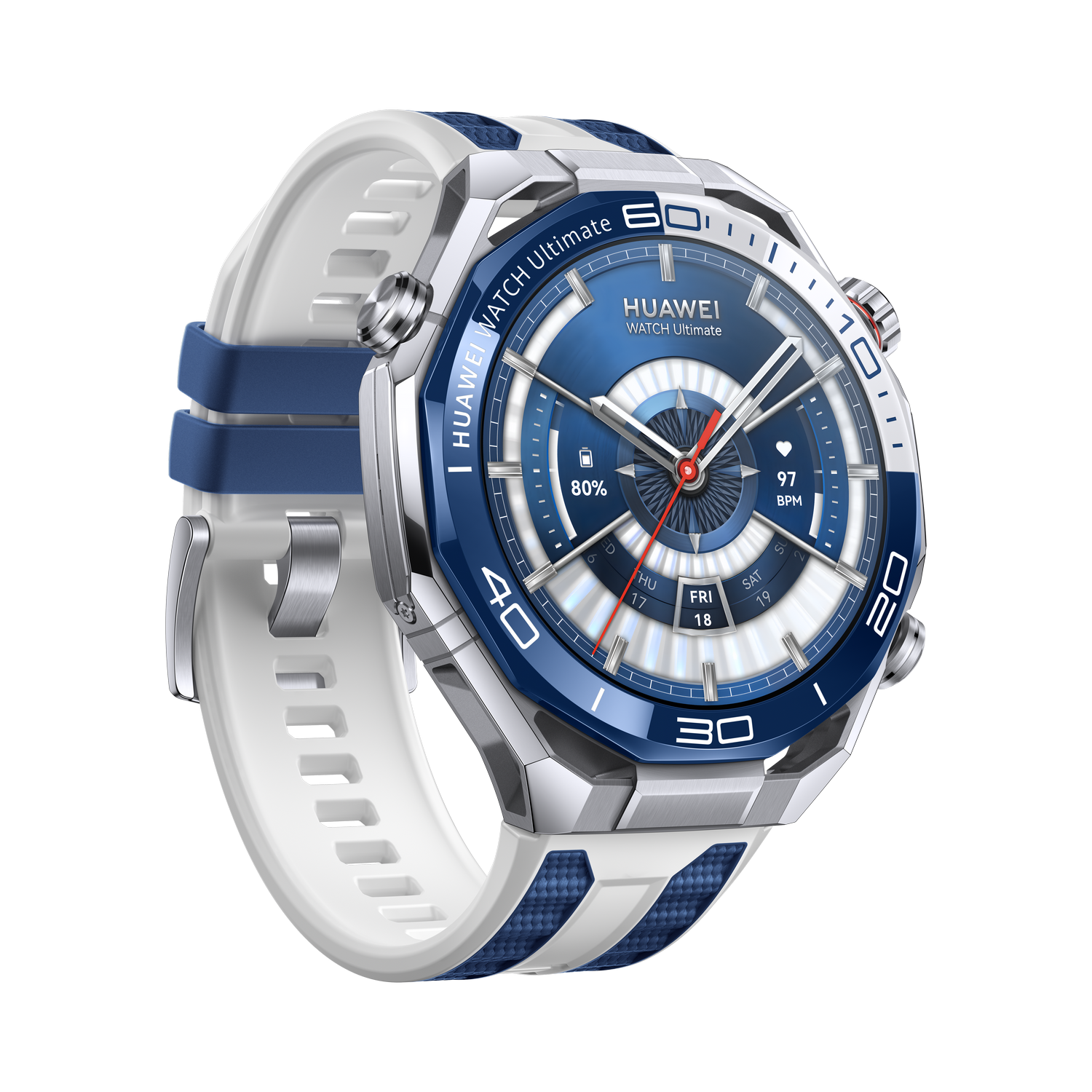 Un Huawei Watch Ultimate. Tiene un bisel azul y plateado, una correa blanca con detalles azules y una esfera azul.