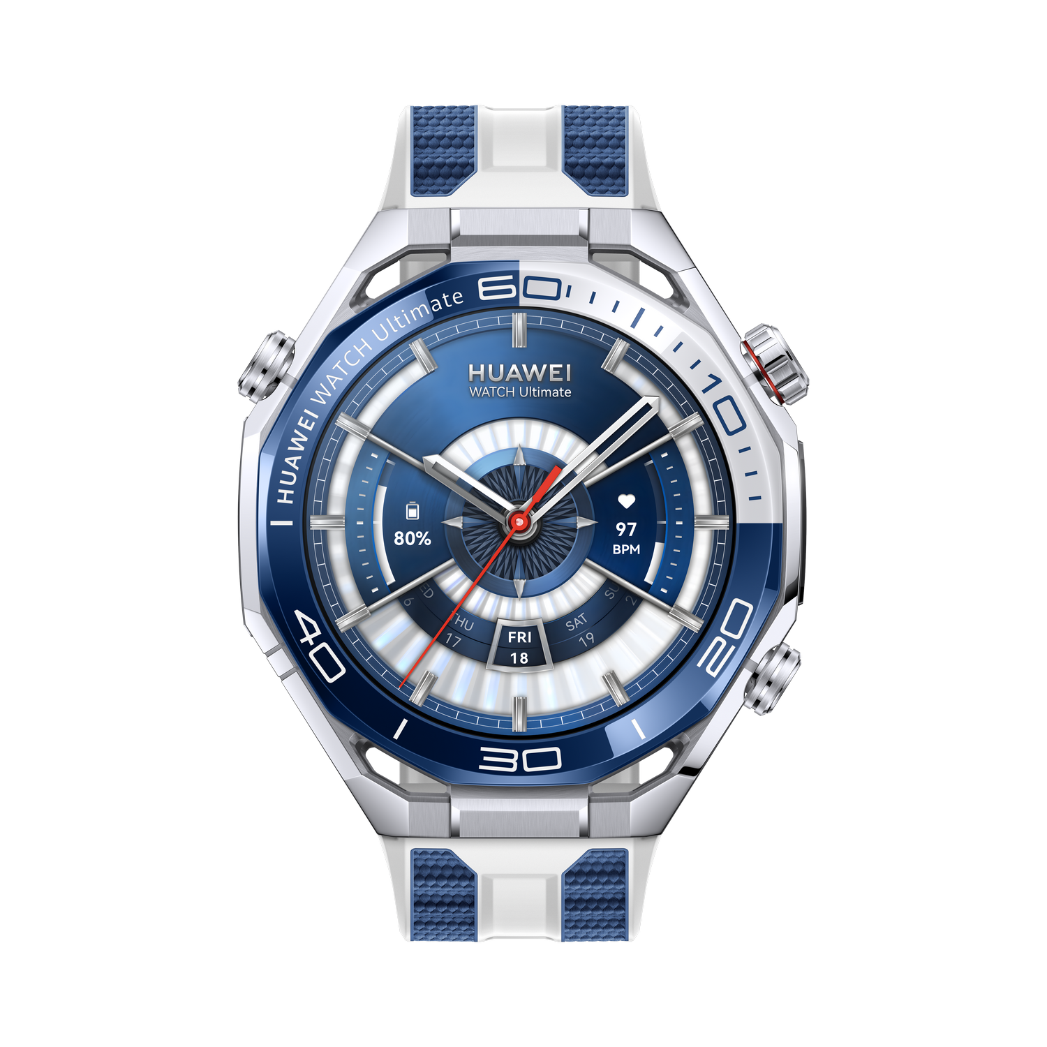 Un HUAWEI WATCH Ultimate plateado con correa azul y blanca. La esfera muestra varias métricas y un segundero rojo.