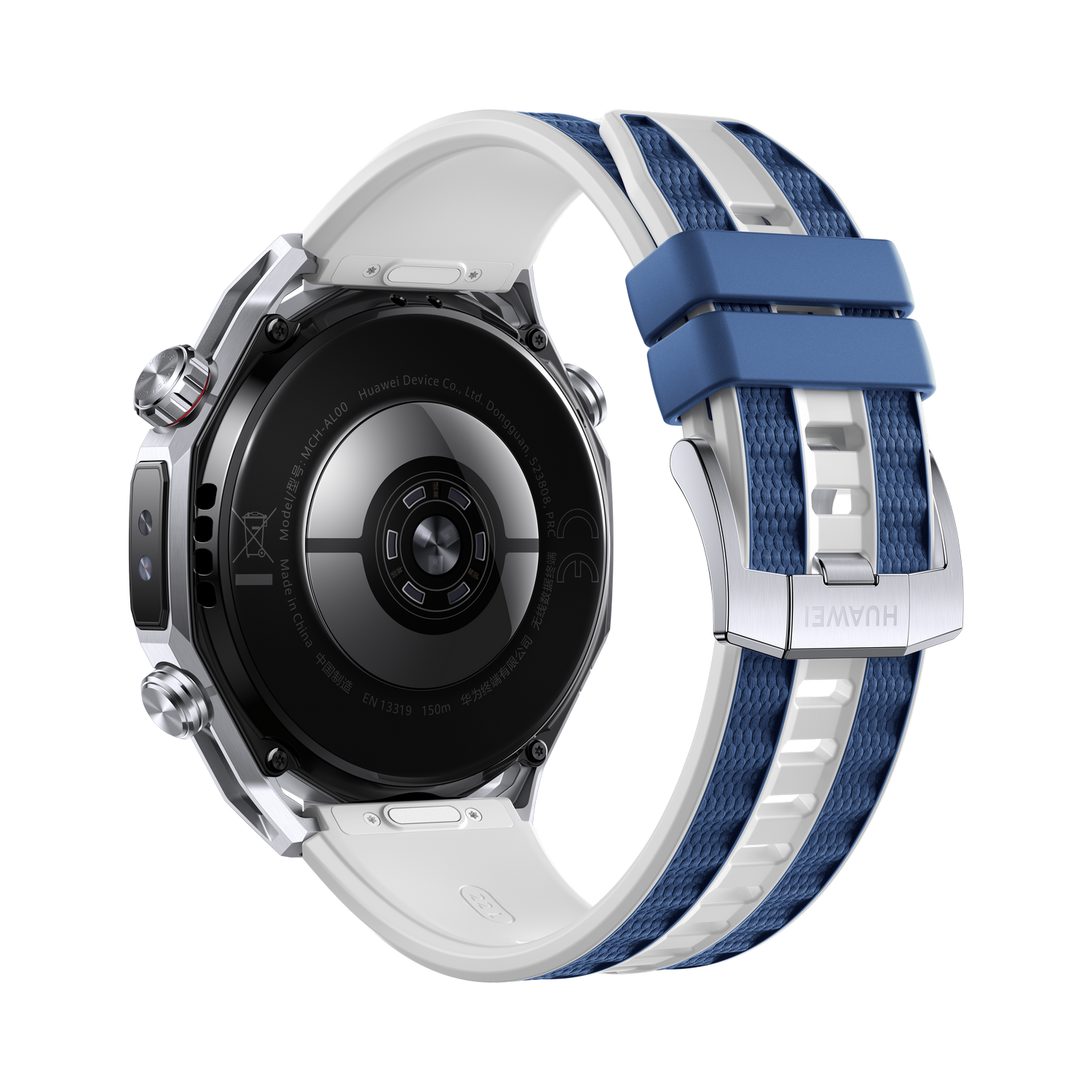 Un reloj inteligente Huawei con una correa azul y blanca. El reloj es plateado, con una parte trasera negra que muestra texto. El fondo es gris.