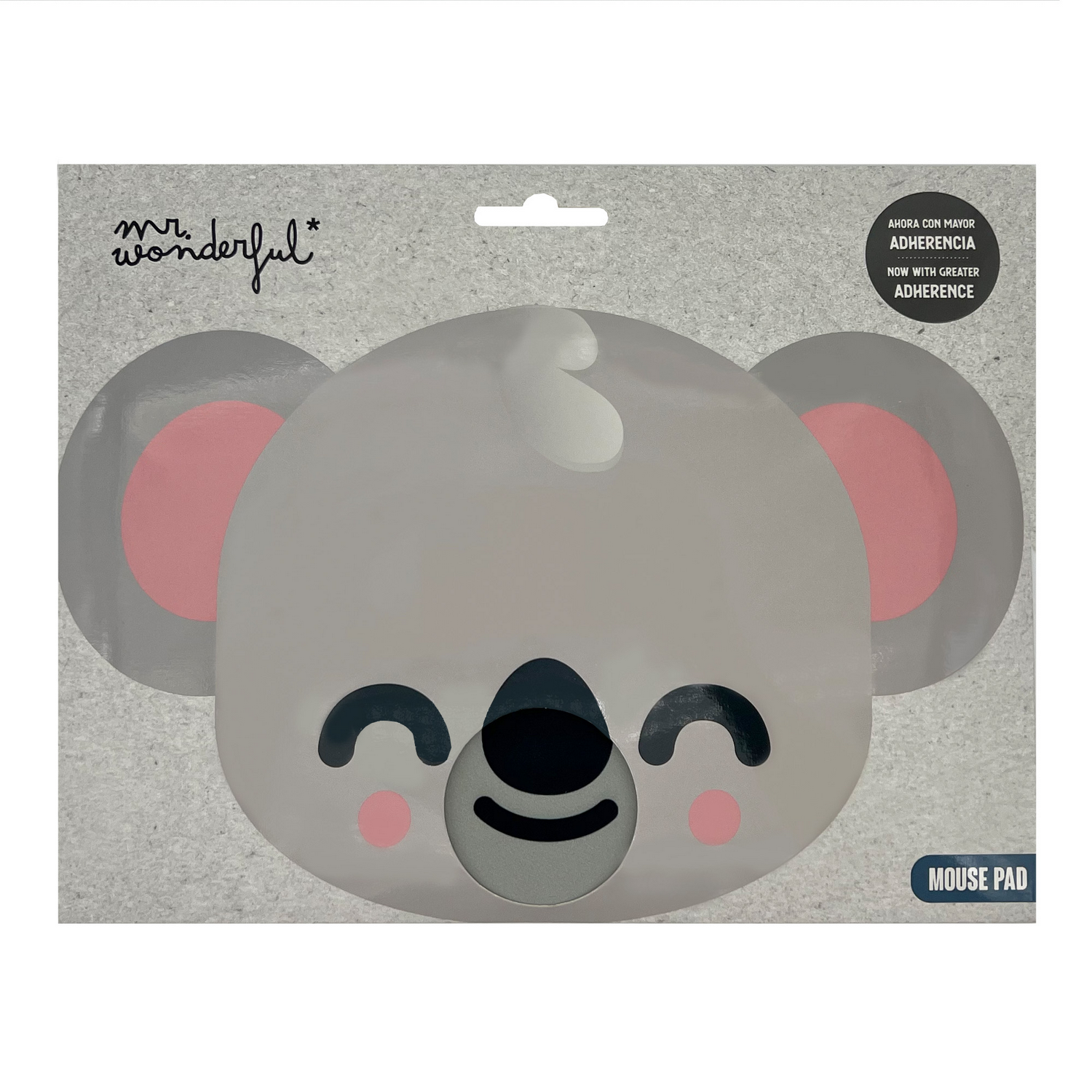 Alfombrilla de ratón con forma de koala. Cara de koala gris con orejas internas y rubor rosas. Ojos y nariz negros. Texto: Mouse Pad y Now With Greater Adherence.